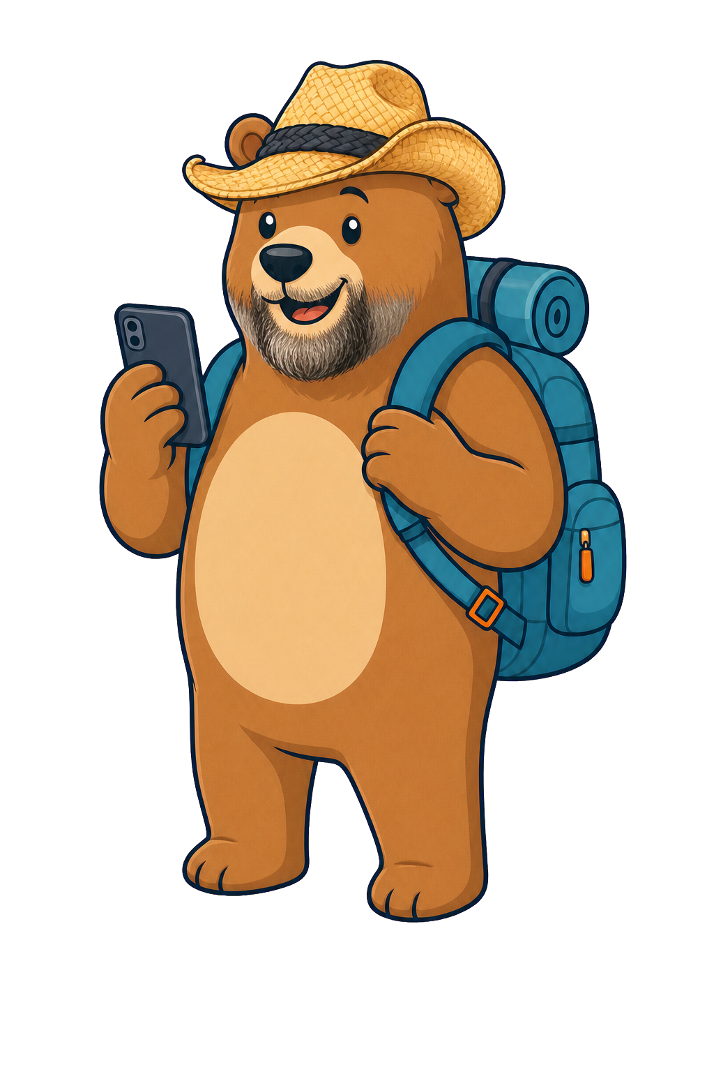 Countryman Travels bear mascot holding a phone
