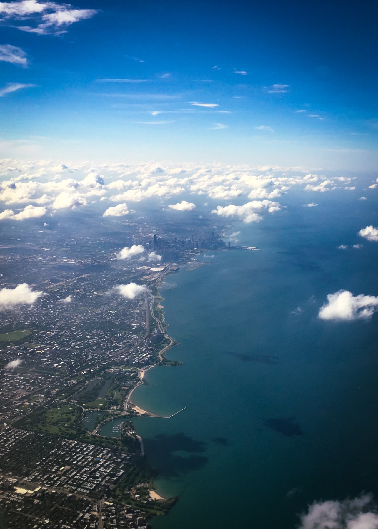 An aerial view of Chicago and the Lake Michigan shoreline