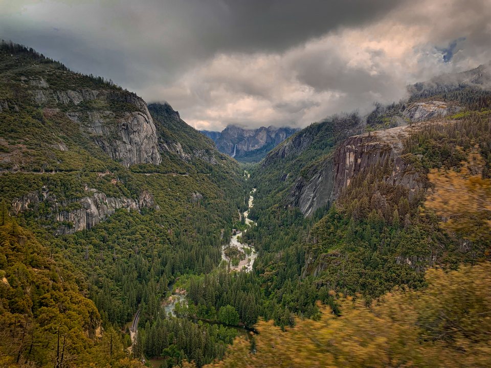 Granite cliffs, forest and valley scenery in Yosemite National Park, California